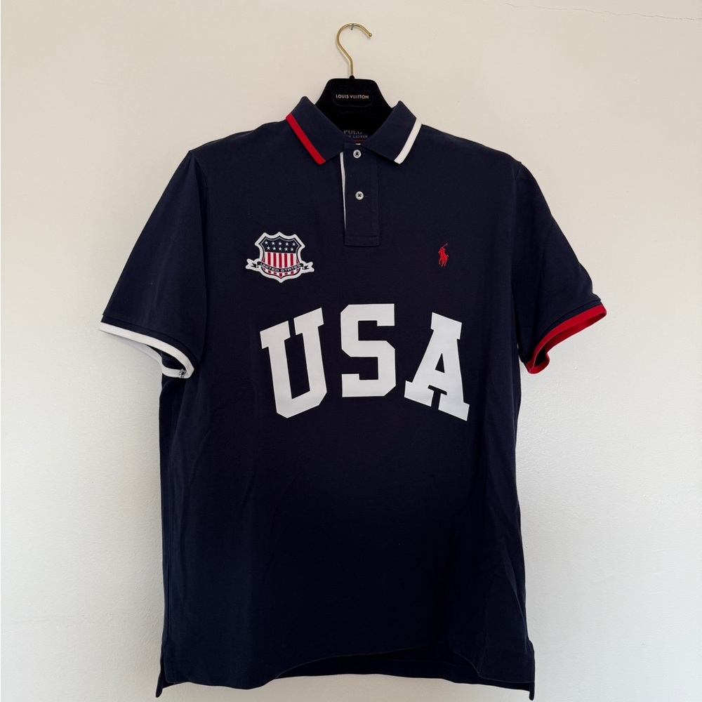 Polo Ralph Lauren Navy Blue Polo Shirt with USA Logo Patch 4th of July Edition